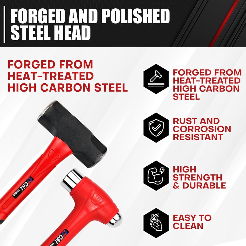 ct 5-Piece Hammer Set, 16oz Ball Peen Hammer | 32oz Ball Peen Hammer | 32oz Rubber Mallet | 3lb Sledge Hammer | 3lb Cross Peen, Fiberglass Handle & Mallet Set - Image 2